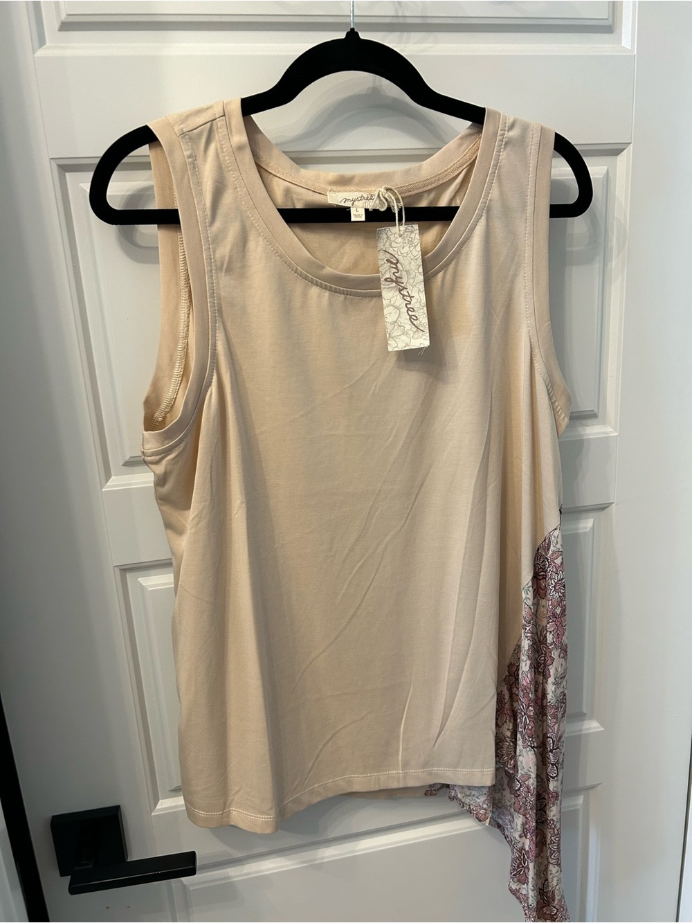 Mystree Asymmetric Tank Top - Beige with floral side tale
